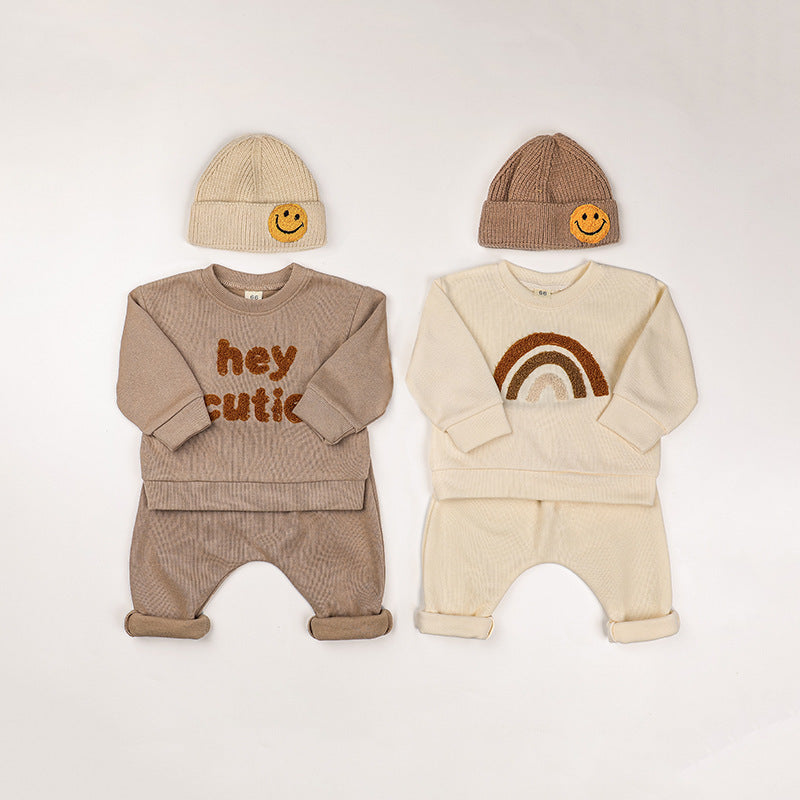 Baby Rainbow &amp; Letter Graphic Hoodies And Pants Sets-0