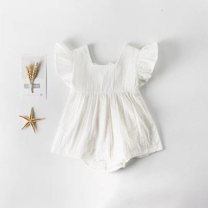 Baby Girl Belted Bow Tie Design Mesh Square Neck Solid White Onesies Dress-0