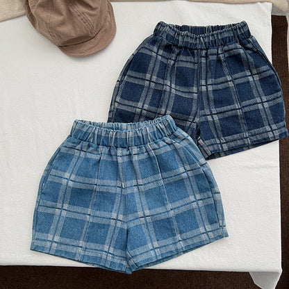 Baby Denim Blue Plaid Pattern Loose Shorts-1