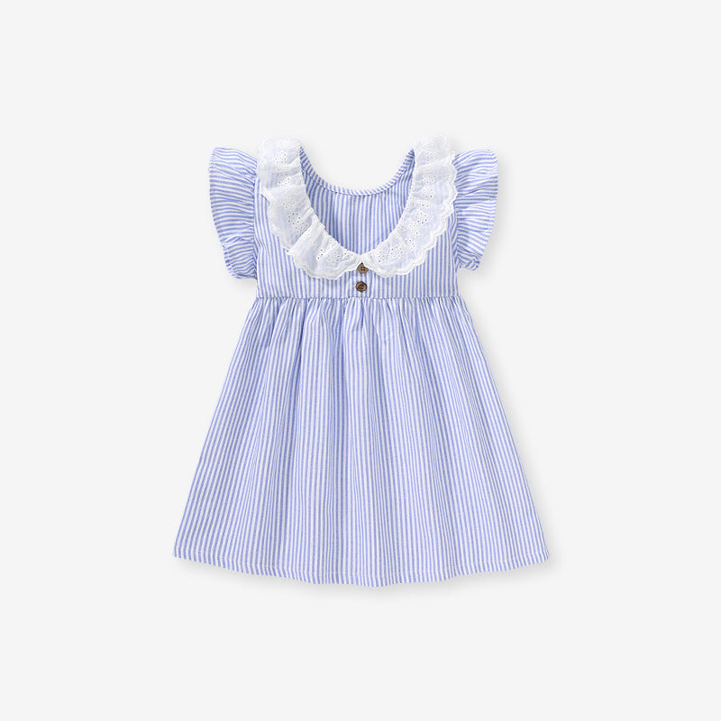 Spring And Summer Baby Girls Ruffle Collar Short Sleeves Striped Dress-1