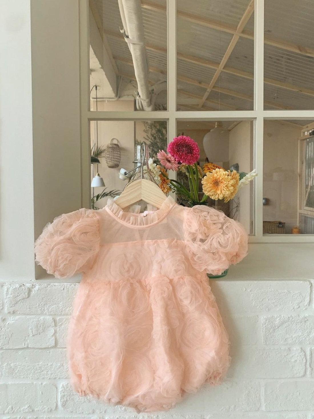 Summer Hot Selling Baby Kids Girls Short Sleeves Ruffle Neck Thin Floral Mesh Princess Dress-1