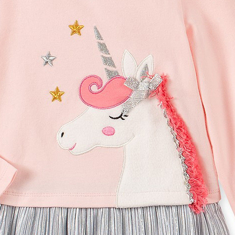 Girls’ Clothing Spring Collection – Unicorn Pattern Children’s Shirt Patchwork Dress-1