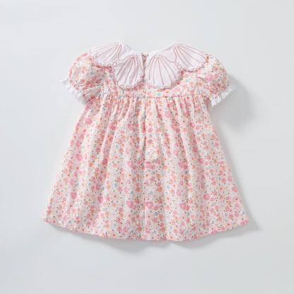 Baby Girl Short-Sleeved Floral Print Shell Shape Collar Pattern A Version Dress-1