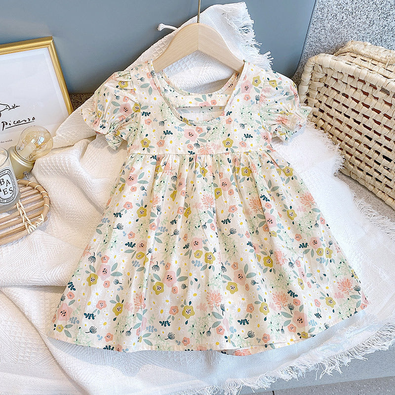 Baby Girl Floral Print O-Neck Puff-Sleeved Short Dress-1