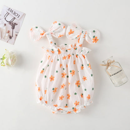 Baby Girl Floral Pattern Bow-Tie Sleeveless Onesies In Summer With Hat-1