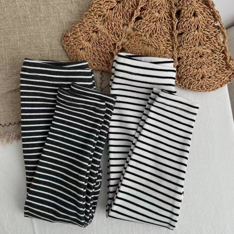 Baby Girl Striped Pattern Elastic Tight Knit Pants-1