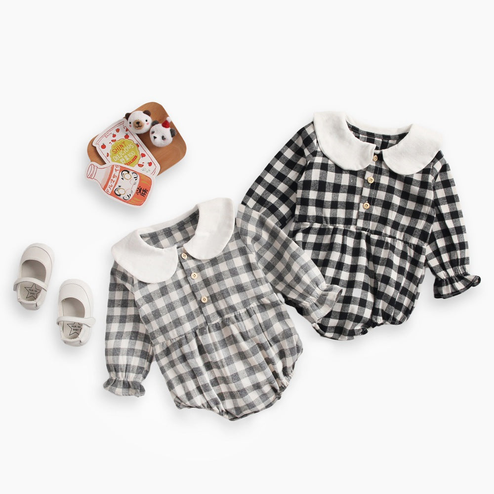 Baby Girl Plaid Pattern Doll Collar Design Long Sleeve Onesies With Buttons-0