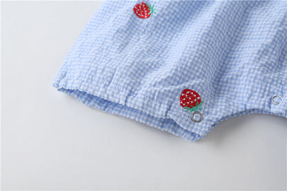 Baby Girl 1pcs Plaid Graphic Strawberries Embroidery Snap Button Jumpsuit &amp; Solid Tee Sets-19