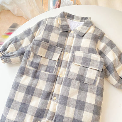 Baby Boy Plaid Pattern Snap Button Front Long-sleeved Thick Rompers-20