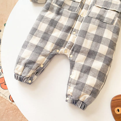 Baby Boy Plaid Pattern Snap Button Front Long-sleeved Thick Rompers-21