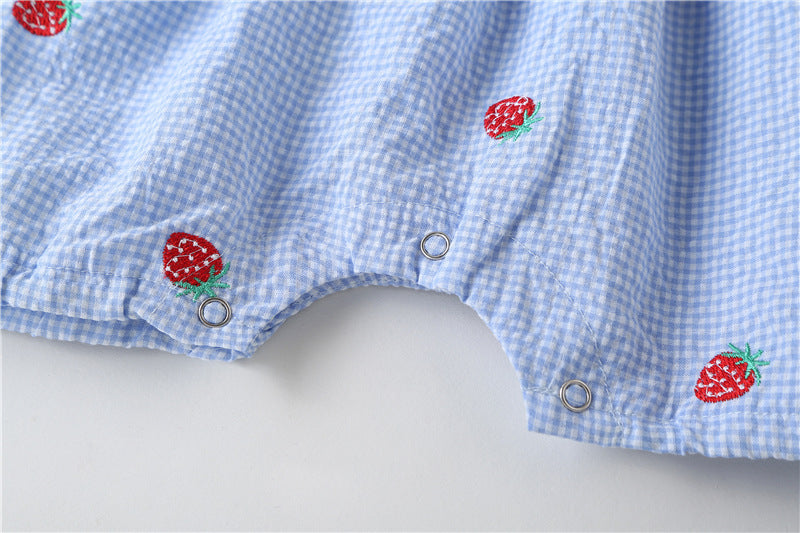 Baby Girl 1pcs Plaid Graphic Strawberries Embroidery Snap Button Jumpsuit &amp; Solid Tee Sets-20