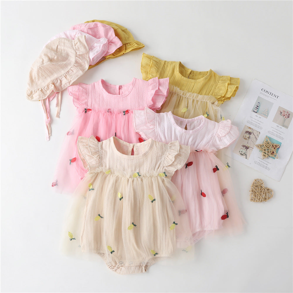 Baby Girl 1pcs Solid Color Pineapple Embroidered Mesh Overlay Flounce Sleeves Onesies Dress-0