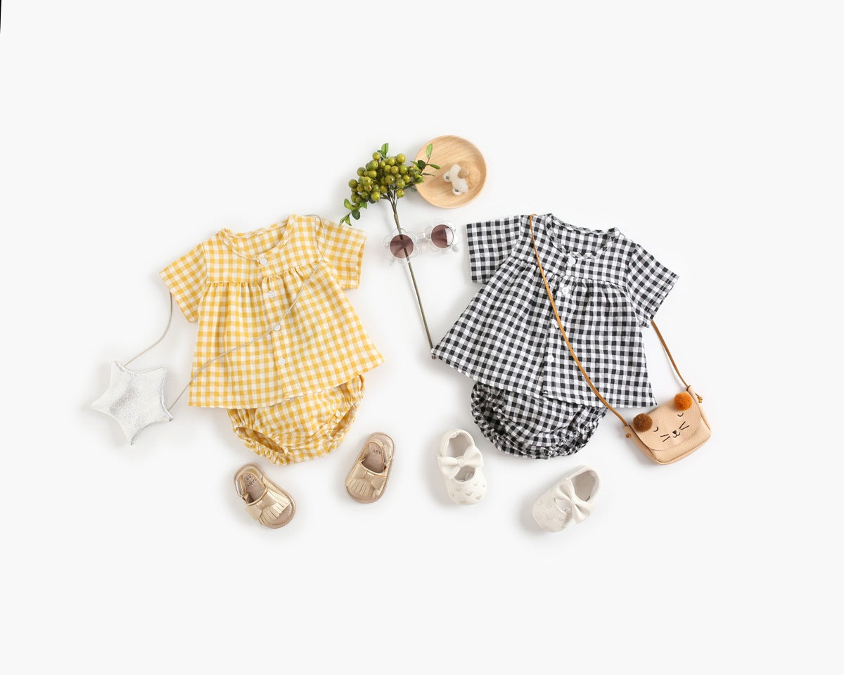 Baby Girl Plaid Pattern Single Breasted Design Shirt Combo Shorts Sets-0