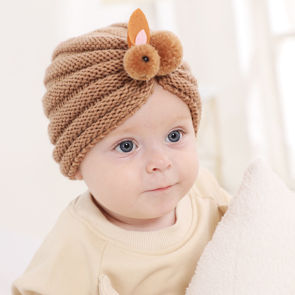 Newborn Baby Solid Color Rabbit Patched Design Wool Knitting Tire Caps-0