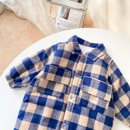 Baby Boy Plaid Pattern Snap Button Front Long-sleeved Thick Rompers-23