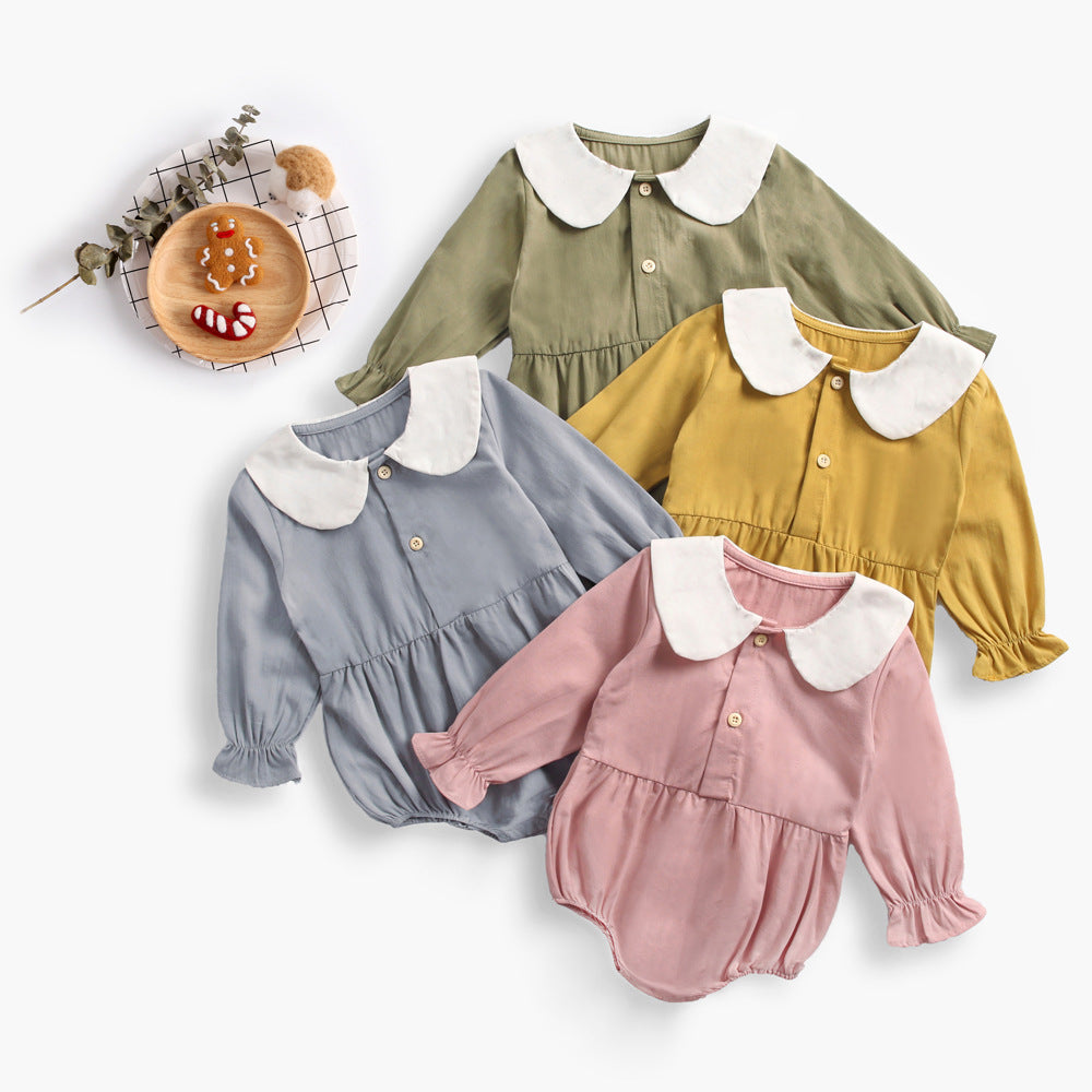 Baby Girl Doll Collar Design Solid Color Long Sleeve Onesies With Buttons-0