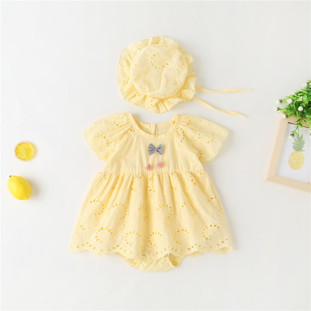 Baby Girl 1pcs Solid Color Hollow Carved Design Bow Onesies Dress-0