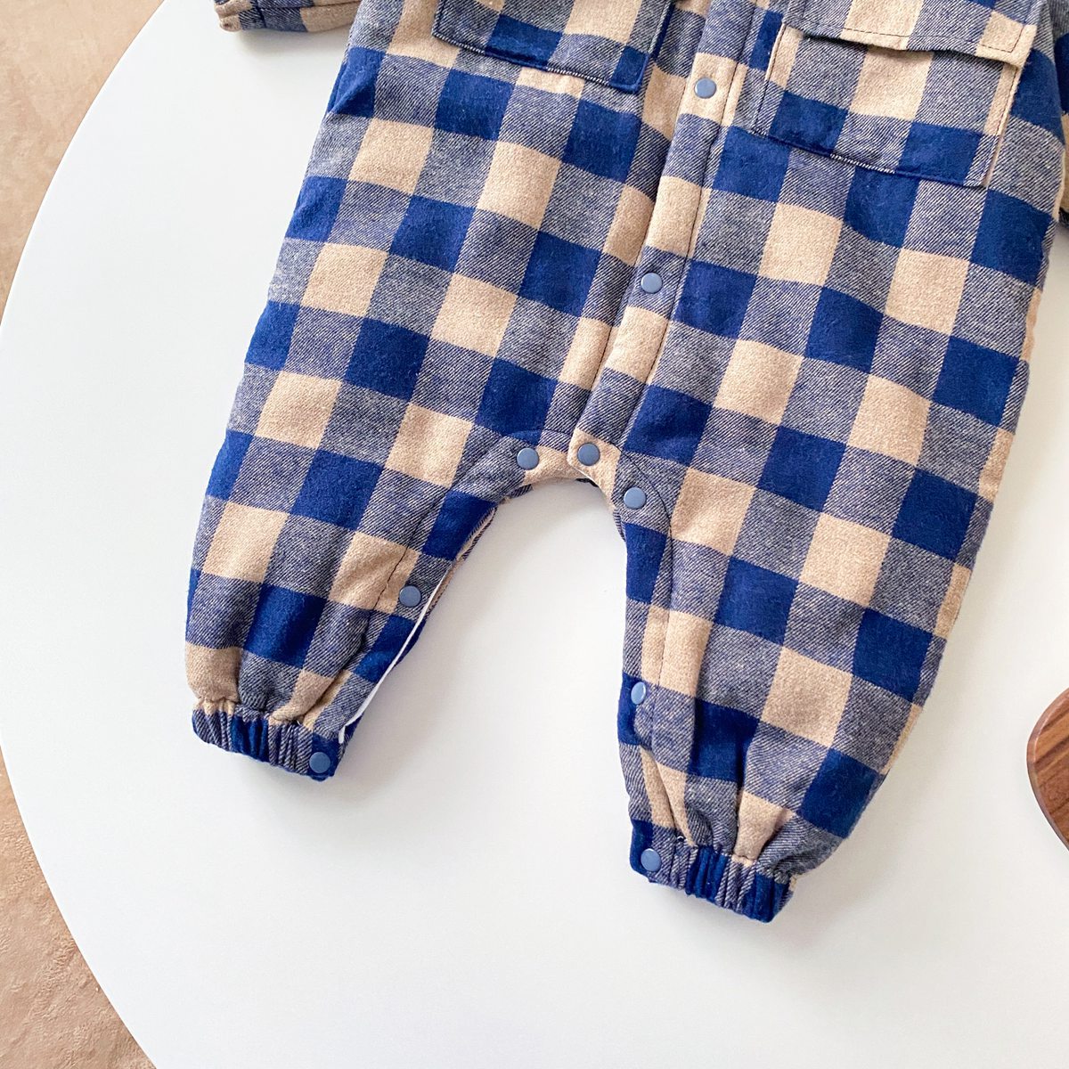 Baby Boy Plaid Pattern Snap Button Front Long-sleeved Thick Rompers-25