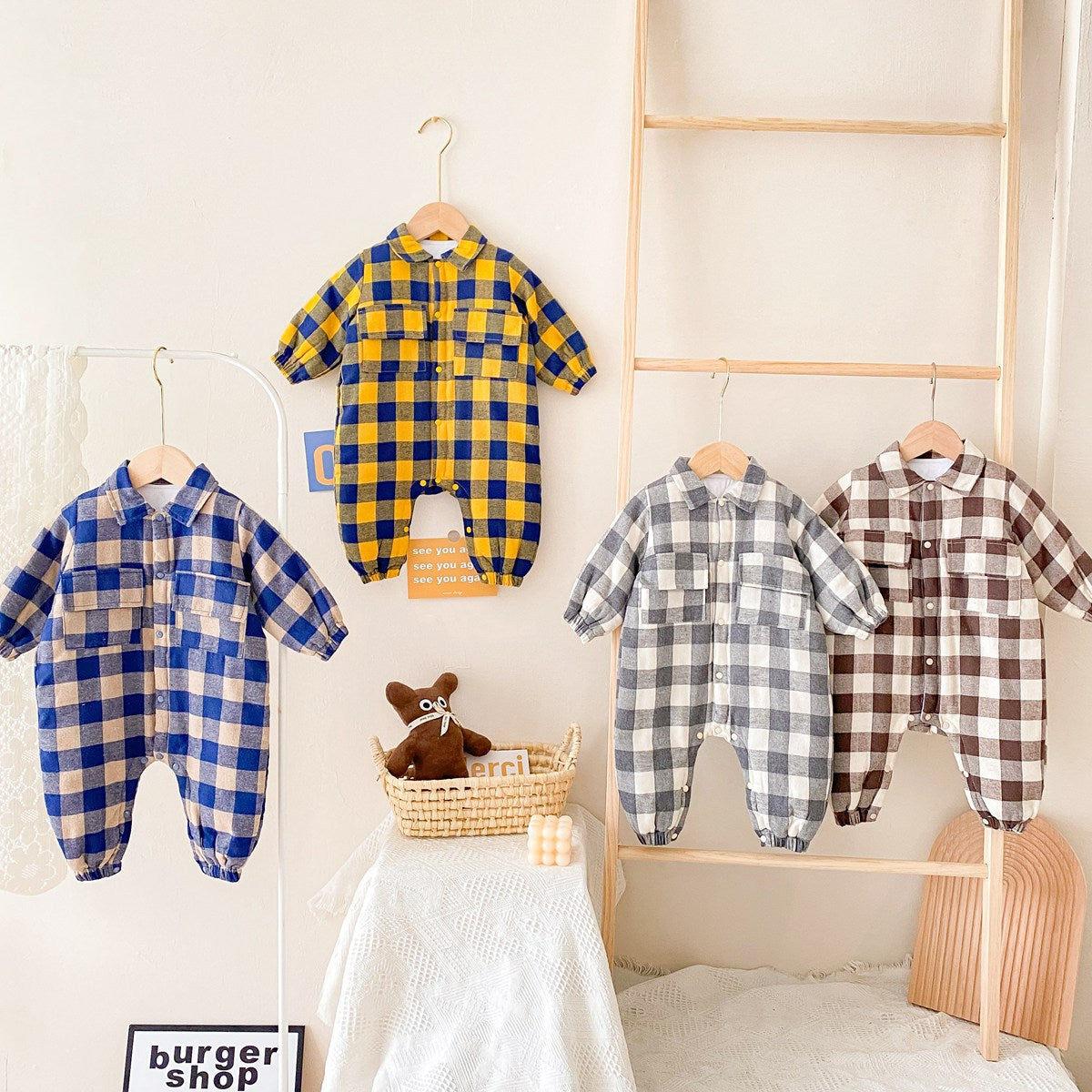 Baby Boy Plaid Pattern Snap Button Front Long-sleeved Thick Rompers-0