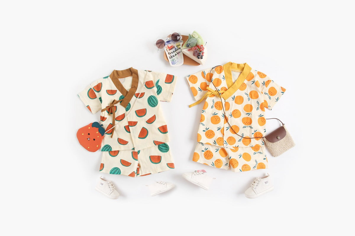 Baby Fruit Print Belt Design Short-Sleeved Top Combo Shorts Japan Style Sets Pajamas-0