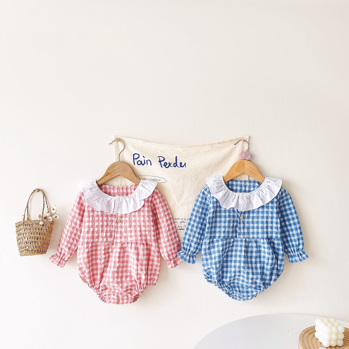 Baby Girl Plaid Pattern Ruffle Neck Design Triangle Sweet Onesies-1