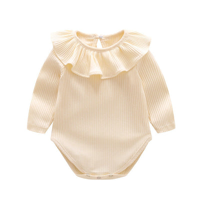 Baby Solid Color Ruffle &amp; Buttoned Design Long-Sleeved O-Neck Onesies-2