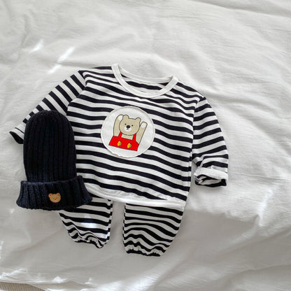 Baby Striped Pattern Cartoon Design Hoodies 2 Pieces Sets-2