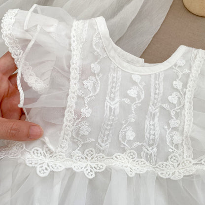 Summer New Arrival Baby Girls Flower-Embroidered Fly Sleeves Crew Neck White Onesies Dress-1