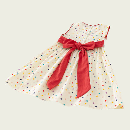 New Design Summer Kids Girls Cute Colorful Dots Sailing Boats Embroidered Sleeveless Dress-2