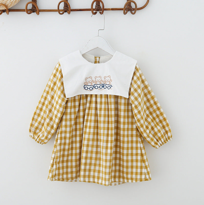 Check Plaid Doll Collar Design Bear Cartoon Embroidery Thick Preppy Dress-2