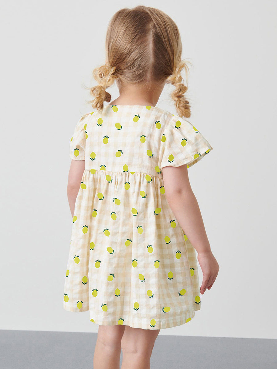 Baby Girls Single Breasted Plaid Lemons Print Short Sleeves Dress-2