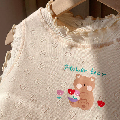 New Arrival Girls Ruffle Neck Sleeveless Teddy Print Top Vest-6