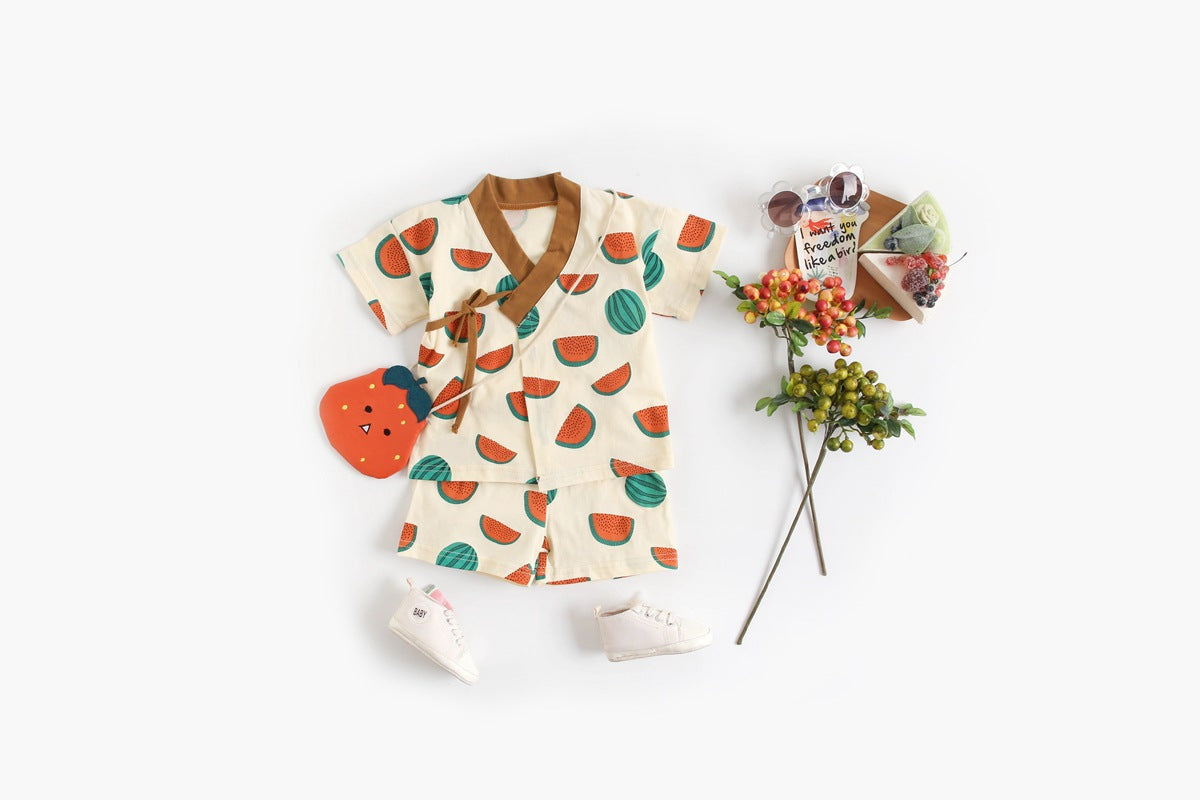 Baby Fruit Print Belt Design Short-Sleeved Top Combo Shorts Japan Style Sets Pajamas-2