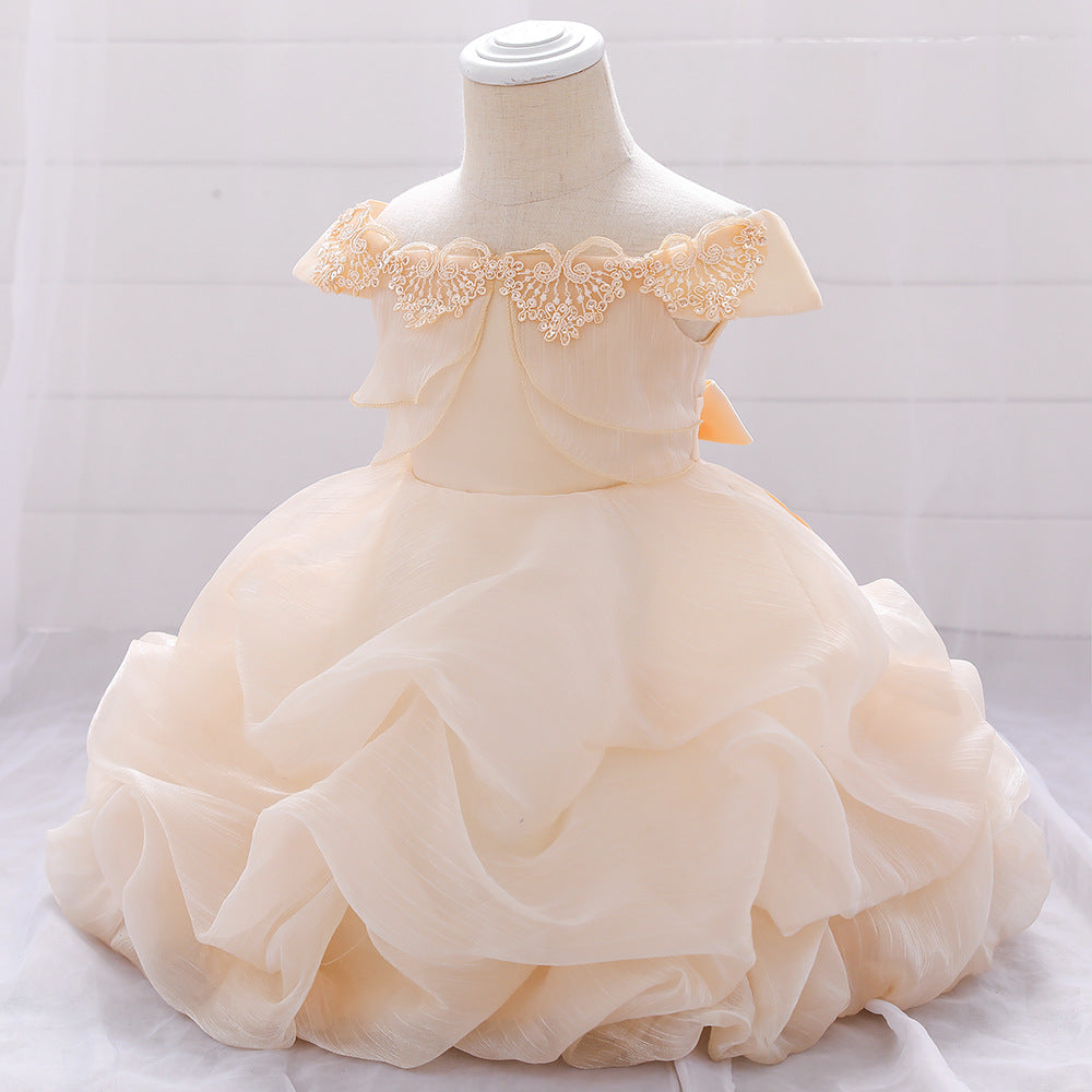 Baby Girl Solid Color One Shoulder Design Tutu Formal Dress Baptism Birthday Dress-1