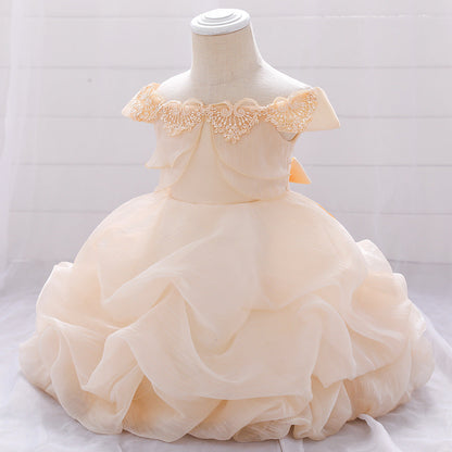 Baby Girl Solid Color One Shoulder Design Tutu Formal Dress Baptism Birthday Dress-1