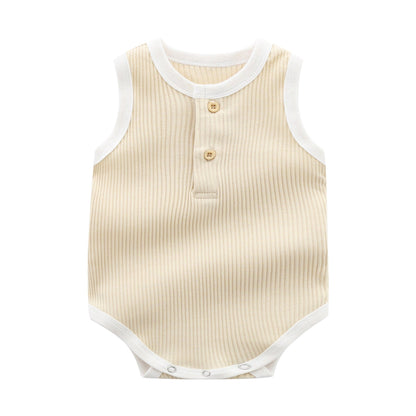 Baby Boy Solid Color Neck Buttoned Design Sleeveless Round Collar Onesies-2