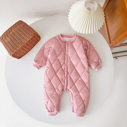 Baby Solid Color Quilted Long Sleeve Thickened Cotton Jumpsuit-2