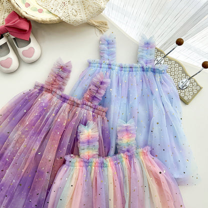 New Design Summer Kids Girls Elegant Fairy Style Sequin Mesh Sleeveless Dress-5