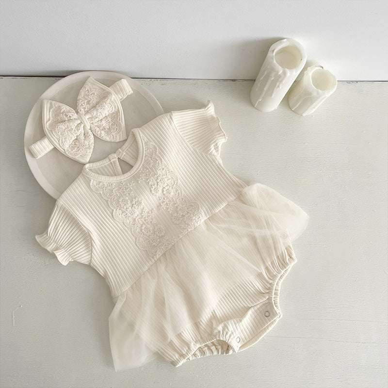 New Design Summer Baby Kids Girls Flowers Embroidery Lace Patchwork Crew Neck Short Sleeves Onesies-1