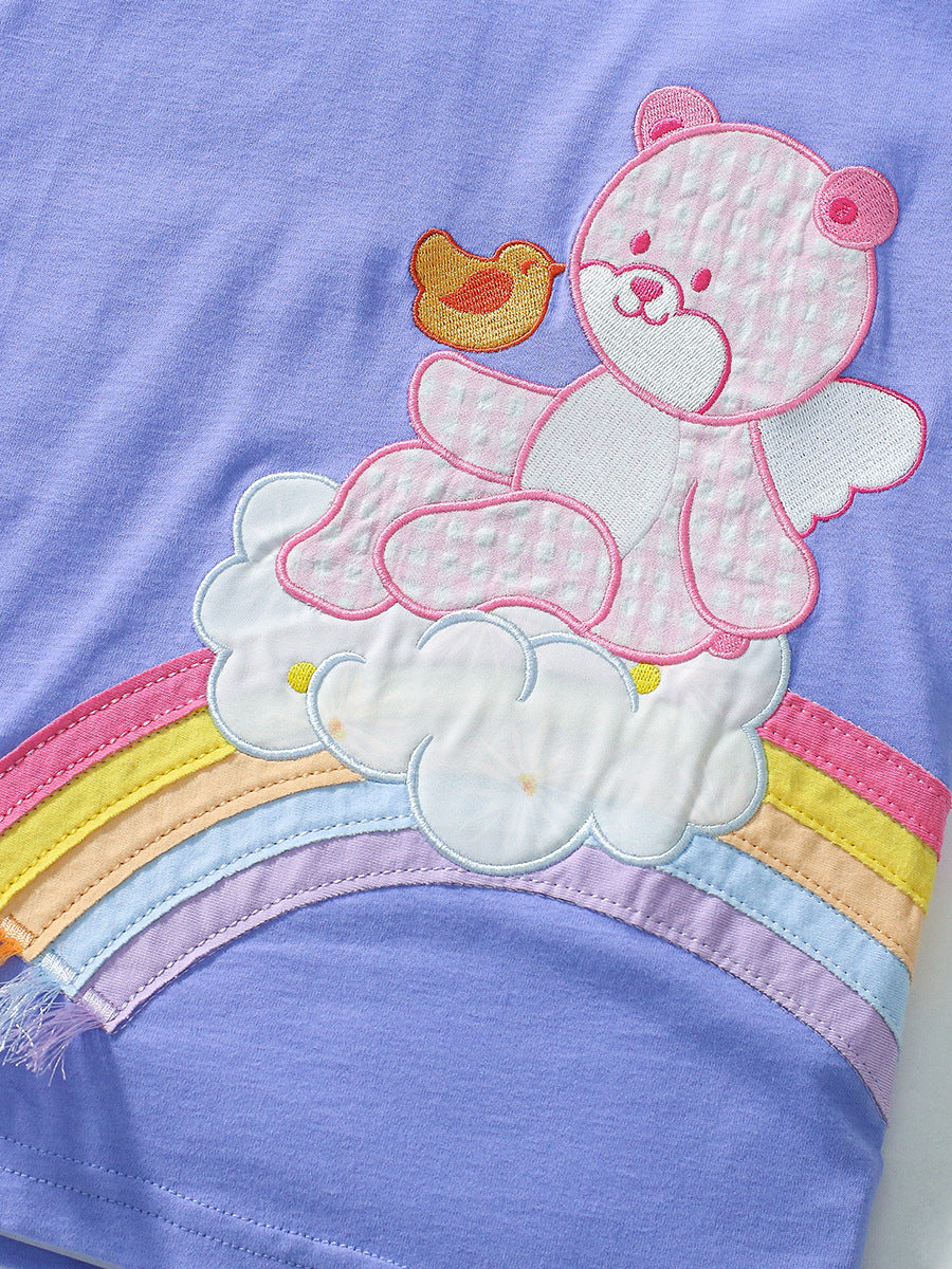 Summer Baby Kids Girls Rainbow Teddy Pattern Short Sleeves T-Shirt And Striped Pants Clothing Set-3