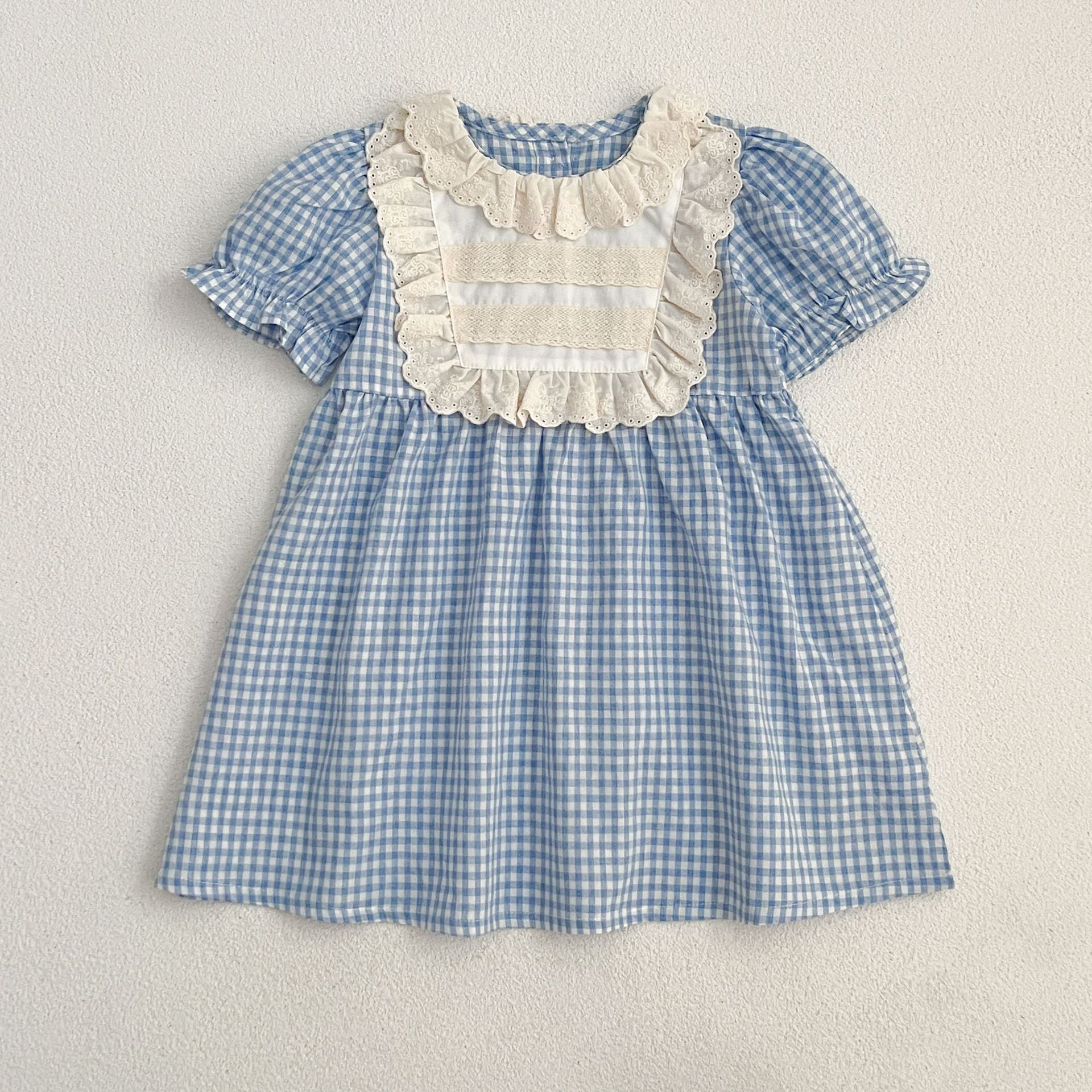 New Arrival Summer Girls Blue Plaid Noble Crew Neck Short Sleeves Onesies And Dress – Princess Sister Matching Set-1