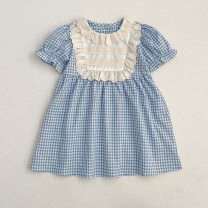 New Arrival Summer Girls Blue Plaid Noble Crew Neck Short Sleeves Onesies And Dress – Princess Sister Matching Set-1