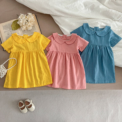 Summer Hot Selling Girls’ Solid Color Short Sleeves Peter Pan Collar Cotton Comfy Dress-4