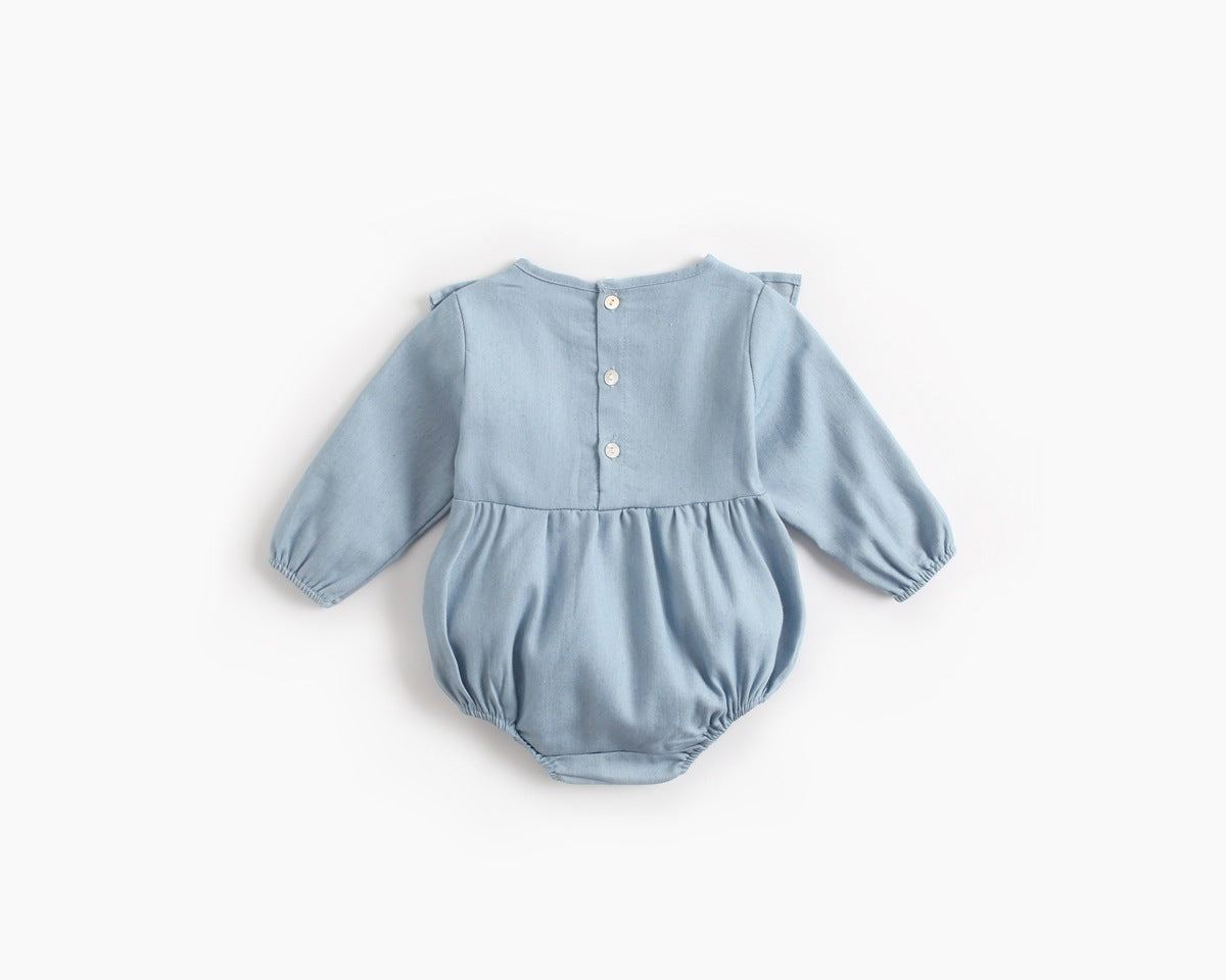 Baby Girl Solid Color Ruffle Design Denim Long Sleeved Bodysuit Onesies-2