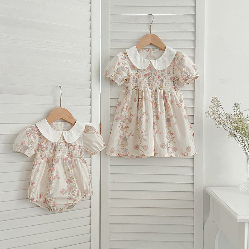 New Arrival Summer Girls Peter Pan Collar Short Sleeves Floral Print Onesies And Dress – Princess Sister Matching Set-4