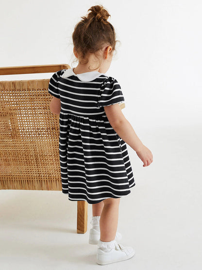 Baby Girls Peter Pan Collar Short Sleeves Striped Rainbow Logo Dress-2