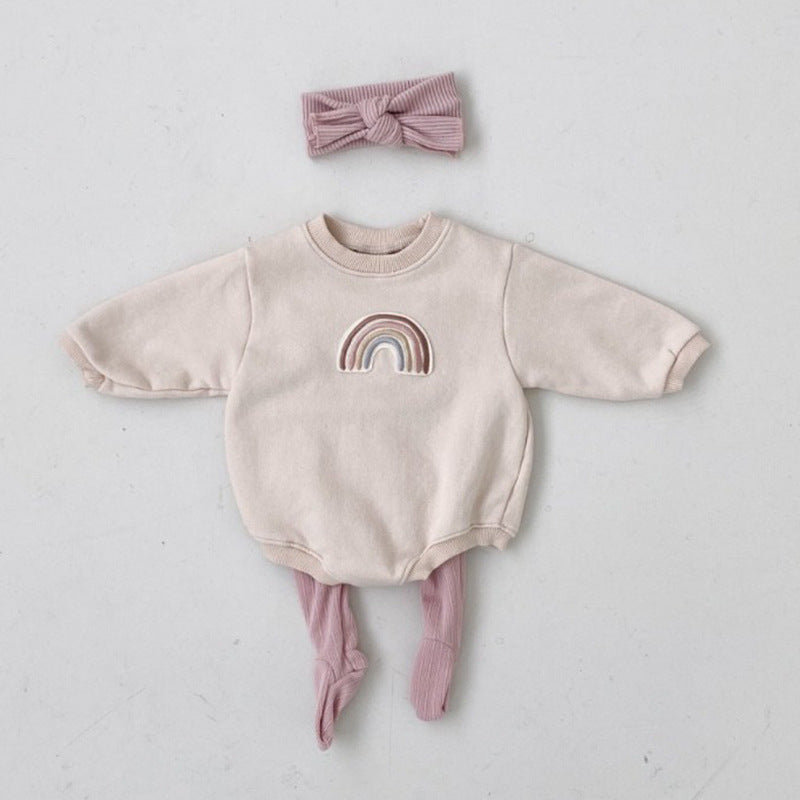 Baby 1pcs Rainbow Embroidery Pattern Solid Color Long Sleeves Soft Bodysuit-1