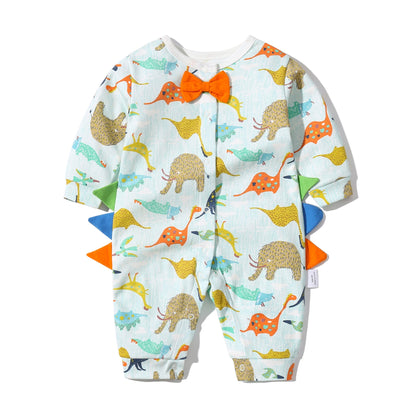 Baby Boy Dinosaur Pattern Bow Tie Patched Design Snap Button Romper Jumpsuit-2