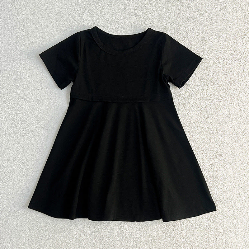 Summer Hot Selling Girls’ Solid Color Black Short Sleeves Slim Fit Dress-2