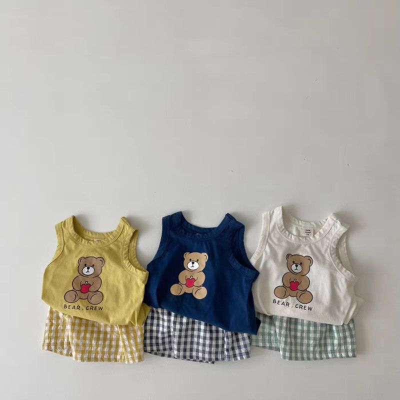 Baby Bear Print Pattern Tops With Plaid Shorts Sets-2